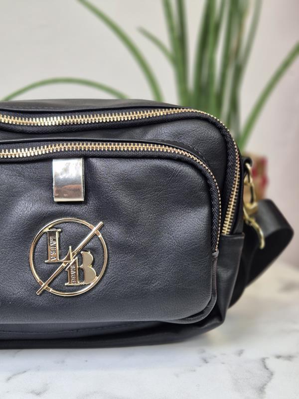 HIT piękna trzykomorowa torebka Laura Biaggi w kolorze czarnym ze złotym logo zdjęcie 2