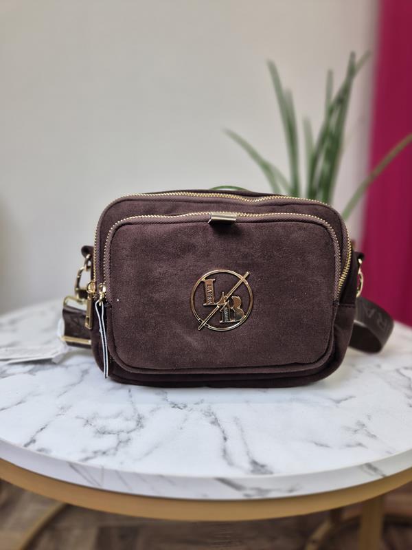 HIT piękna trzykomorowa torebka Laura Biaggi w kolorze brązowy zamsz ze złotym logo zdjęcie 1