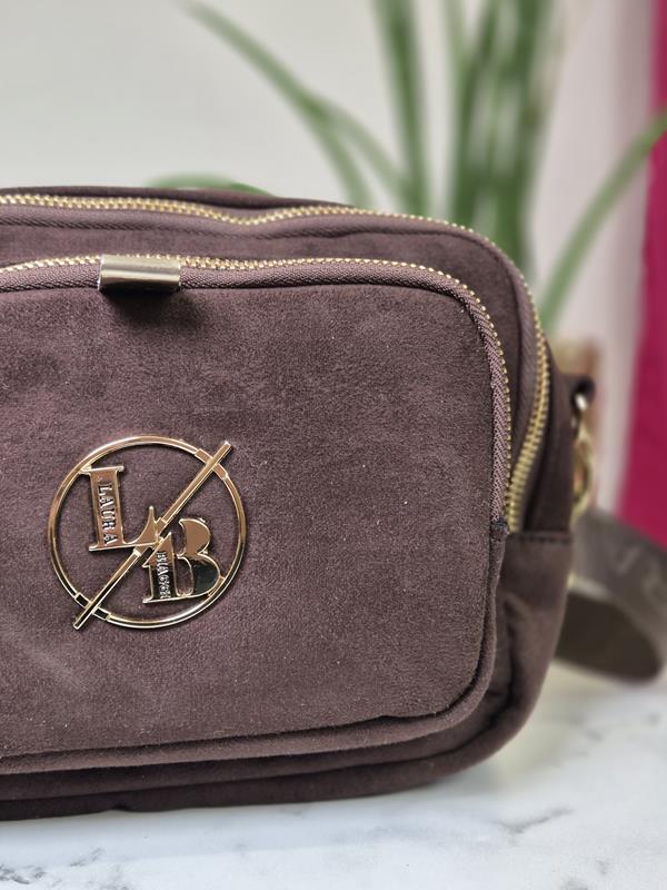 HIT piękna trzykomorowa torebka Laura Biaggi w kolorze brązowy zamsz ze złotym logo zdjęcie 2