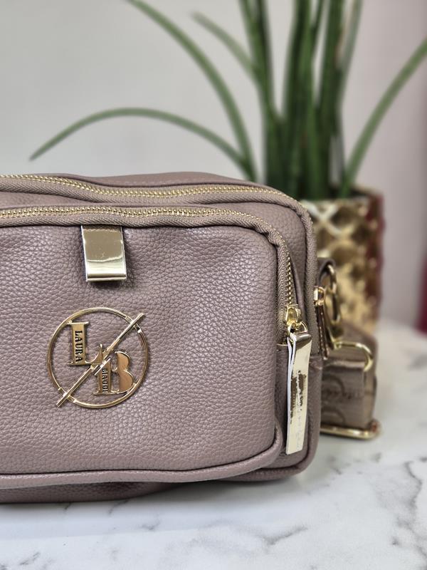 HIT piękna trzykomorowa torebka Laura Biaggi w kolorze beżowym ze złotym logo zdjęcie 2