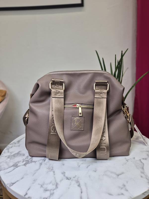 Beżowa shopperka Laura Biaggi z suwakiem i sportowymi czarnymi pasami ekoskóra zdjęcie 1