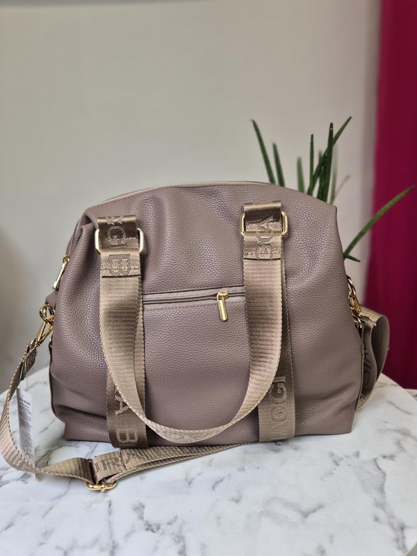 Beżowa shopperka Laura Biaggi z suwakiem i sportowymi czarnymi pasami ekoskóra zdjęcie 3