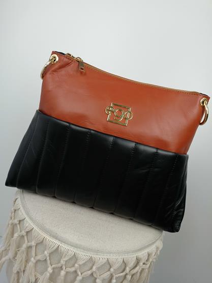 Piękna torebka EGO karmelowa z czarnymi pionowymi przeczyciami skóra naturalna zdjęcie 2