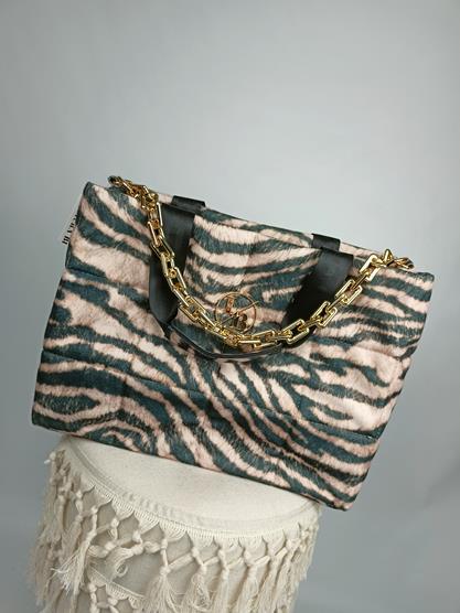 HIT piękna shopperka Laura Biaggi duża pikowana w print z beżowej zebry z łańcuchem