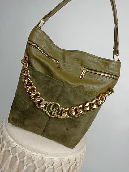 Piękna torebka khaki Laura Biaggi shopperka z ekoskóry z przodem zamszowym oraz z łańcuchem