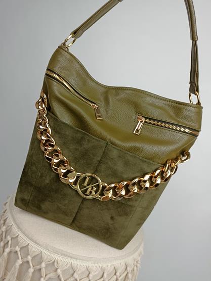 Piękna torebka khaki Laura Biaggi shopperka z ekoskóry z przodem zamszowym oraz z łańcuchem zdjęcie 2