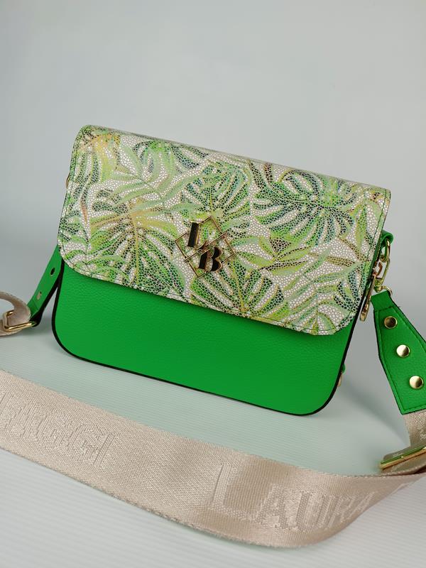 Piękna torebka Laura Biaggi zielona z klapką w liście dwie komory zdjęcie 1