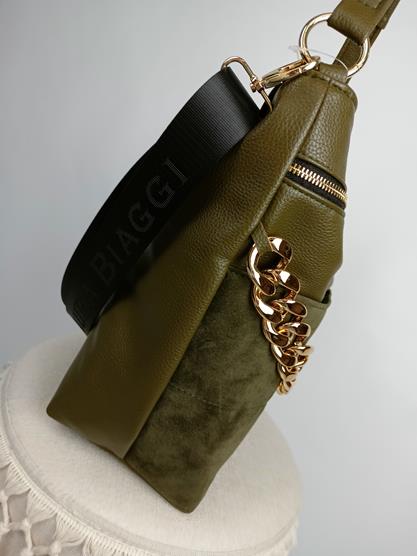 Piękna torebka khaki Laura Biaggi shopperka z ekoskóry z przodem zamszowym oraz z łańcuchem zdjęcie 4