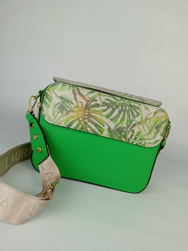 Piękna torebka Laura Biaggi zielona z klapką w liście dwie komory zdjęcie 4