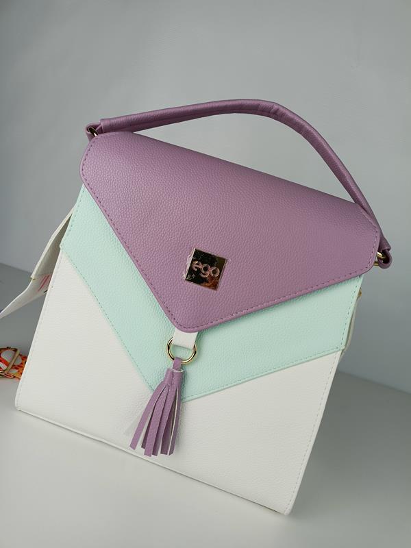 HIT śliczny torebko-plecak EGO biały z trójkątną fioletową klapką zdjęcie 3