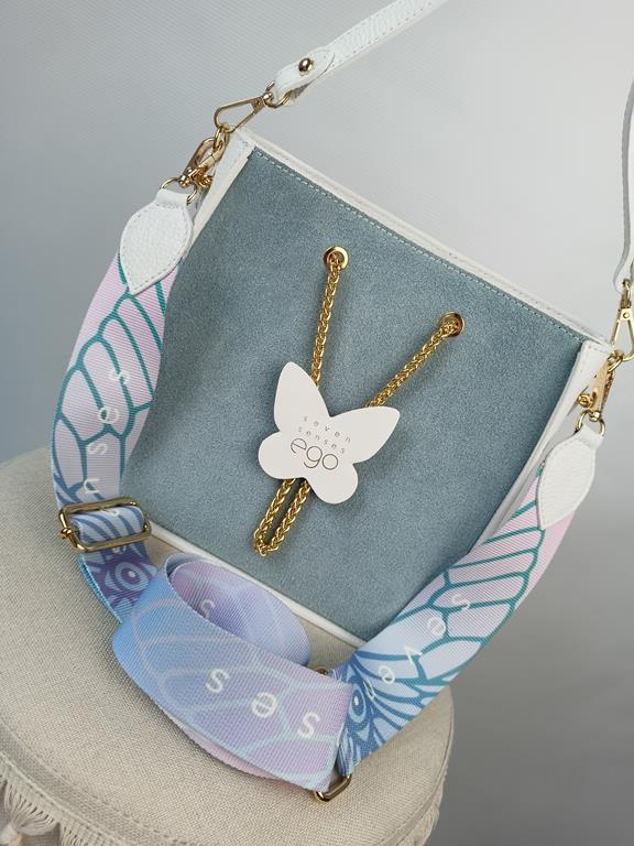 Piękna torebka EGO motylek biały z zamszowym baby blue i z kolorowym paseczkiem skóra naturalna zdjęcie 2