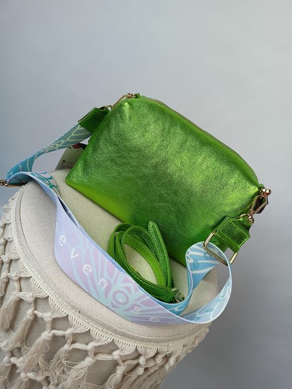 HIT przepiękna torebka EGO SEVEN SENSES z ozdobnym kolorowym paskiem brokatowa jasna zieleń skóra naturalna