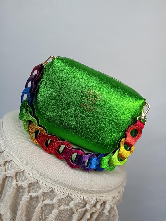 HIT przepiękna torebka EGO SEVEN SENSES z ozdobnym kolorowym paskiem brokatowa ciemna zieleń skóra naturalna zdjęcie 1