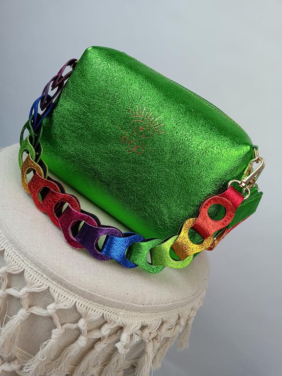 HIT przepiękna torebka EGO SEVEN SENSES z ozdobnym kolorowym paskiem brokatowa ciemna zieleń skóra naturalna