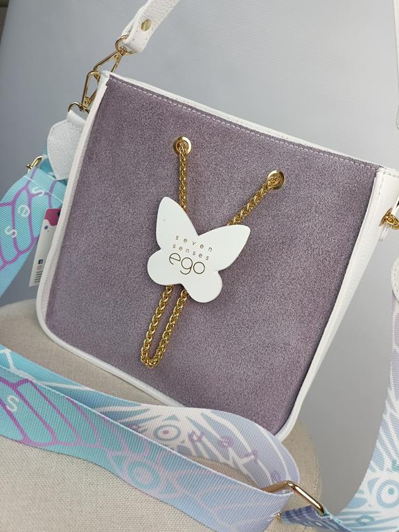 Piękna torebka EGO motylek biały z zamszowym fioletem i z kolorowym paseczkiem skóra naturalna zdjęcie 2