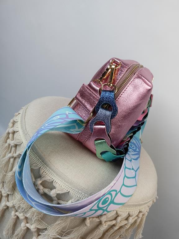 HIT przepiękna torebka EGO SEVEN SENSES z ozdobnym kolorowym paskiem brokatowy jasny róż skóra naturalna zdjęcie 3