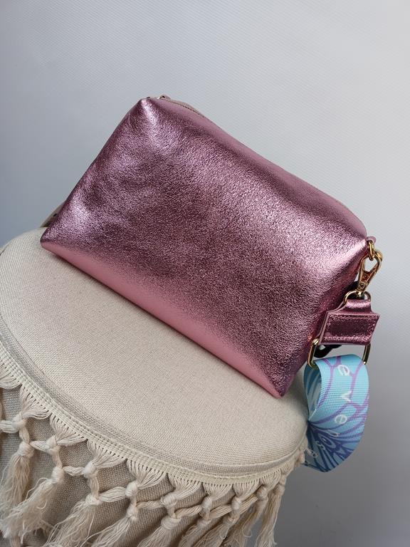 HIT przepiękna torebka EGO SEVEN SENSES z ozdobnym kolorowym paskiem brokatowy jasny róż skóra naturalna zdjęcie 4
