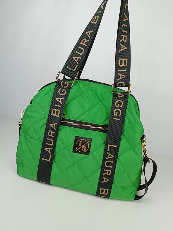 Zielona pikowana shopperka Laura Biaggi z suwaczkiem i z ozdobnymi sportowymi pasami ekoskóra zdjęcie 1