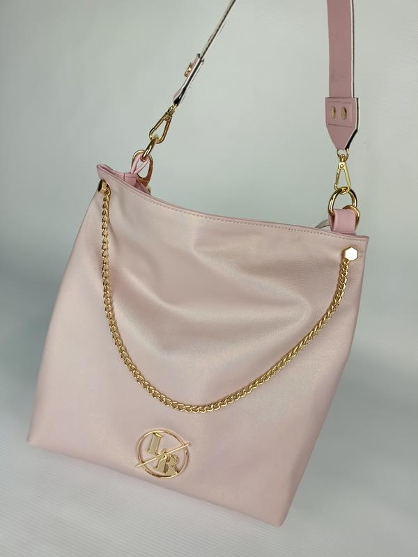 Piękna shopperka Laura Biaggi jasno-różowa z łańcuszkiem połączenie zamszu i ekoskóry zdjęcie 1