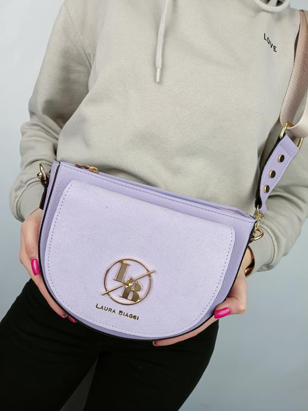 Piękna półokrągła fioletowa torebka Laura Biaggi z  klapką zamszową z przodu zdjęcie 1