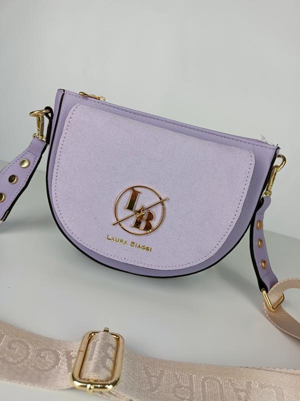Piękna półokrągła fioletowa torebka Laura Biaggi z  klapką zamszową z przodu zdjęcie 2