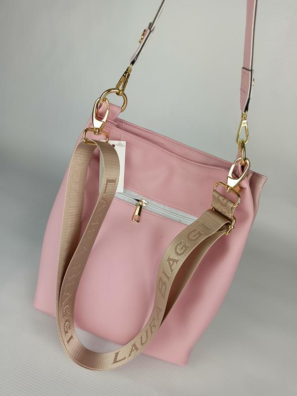 Piękna shopperka Laura Biaggi jasno-różowa z łańcuszkiem połączenie zamszu i ekoskóry zdjęcie 4