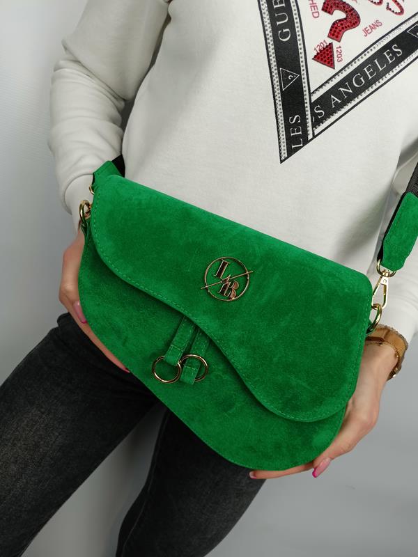HIT świetna niesymetryczna torebka Laura Biaggi zielony zamsz z klapką zdjęcie 1