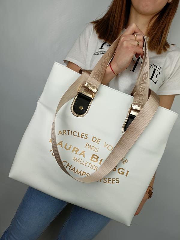 Świetna shopperka Laura Biaggi biała z pisanym logo na przodzie torebki zdjęcie 1