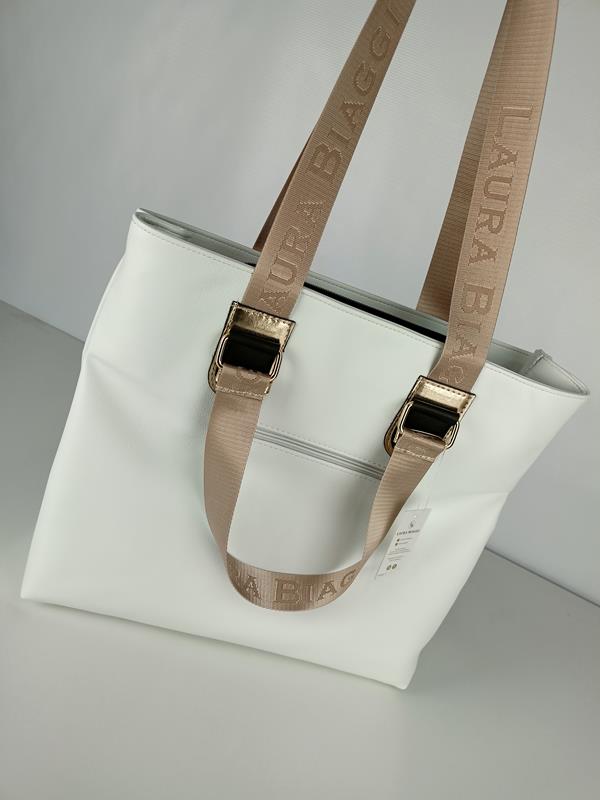 Świetna shopperka Laura Biaggi biała z pisanym logo na przodzie torebki zdjęcie 4