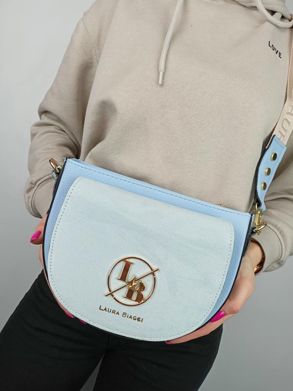 Piękna półokrągła błękitna torebka Laura Biaggi z  klapką zamszową z przodu zdjęcie 1