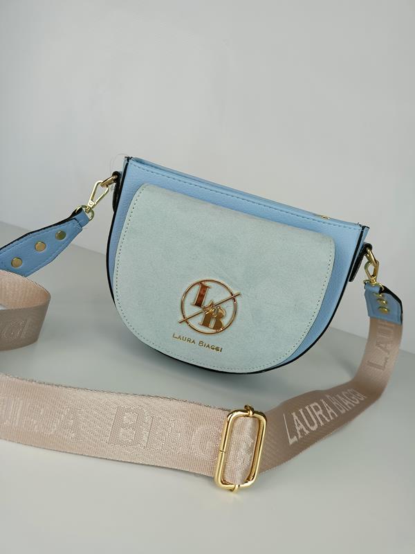 Piękna półokrągła błękitna torebka Laura Biaggi z  klapką zamszową z przodu zdjęcie 2