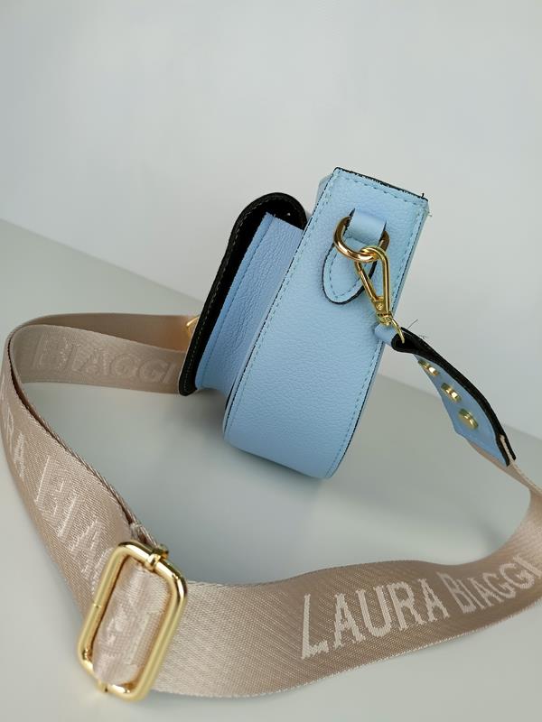 Piękna półokrągła błękitna torebka Laura Biaggi z  klapką zamszową z przodu zdjęcie 3