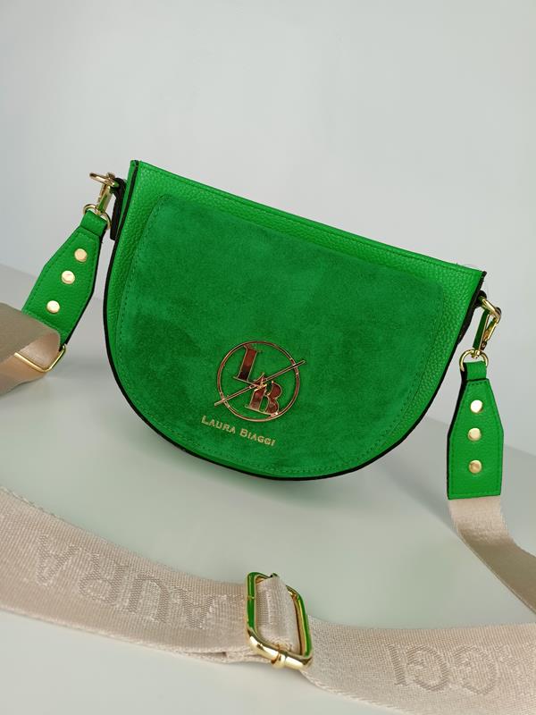 Piękna półokrągła zielona torebka Laura Biaggi z  klapką zamszową z przodu zdjęcie 2