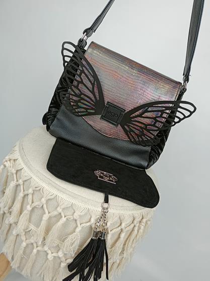 EGO 2YOU Czarna torebka z pikowaną bazą i przodem z ekoskóry z odpinanymi klapkami w kolorze metalicznym zdjęcie 4