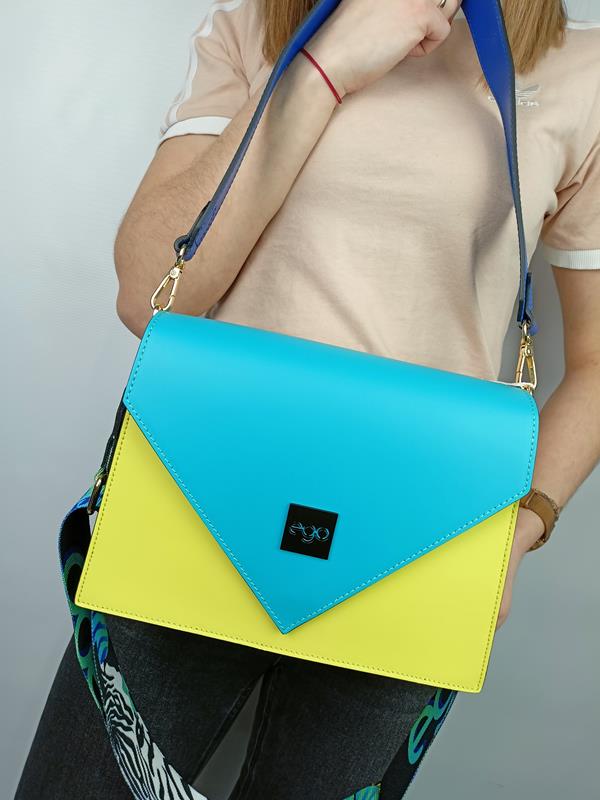 HIT przepiękna niebieska torebka EGO z trójkątną klapką z dodatkiem limonki skóra naturalna zdjęcie 1