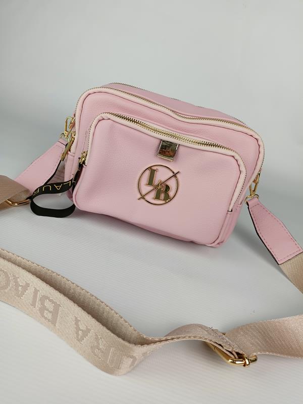 Piękna trzykomorowa torebka Laura Biaggi jasno-różowa ekoskóra ze złotym logo zdjęcie 1