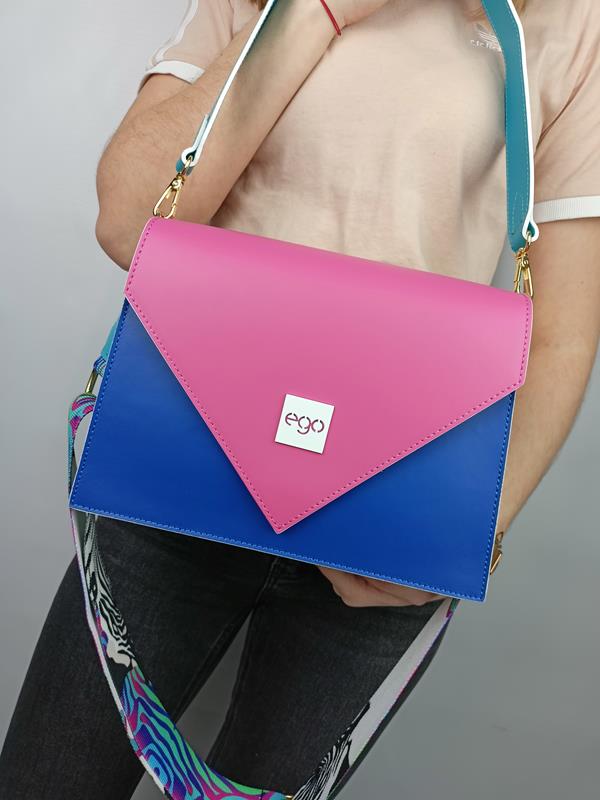 HIT przepiękna różowa torebka EGO z trójkątną klapką z dodatkiem kobaltu skóra naturalna zdjęcie 1