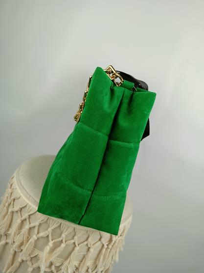 HIT piękna shopperka Laura Biaggi duża pikowana w kolorze zielonym z łańcuchem zamsz zdjęcie 3