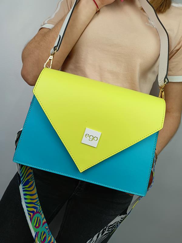 HIT przepiękna limonkowa torebka EGO z trójkątną klapką z dodatkiem niebieskiego skóra naturalna zdjęcie 1