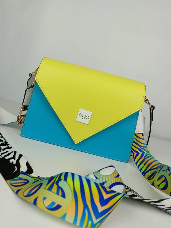 HIT przepiękna limonkowa torebka EGO z trójkątną klapką z dodatkiem niebieskiego skóra naturalna zdjęcie 2