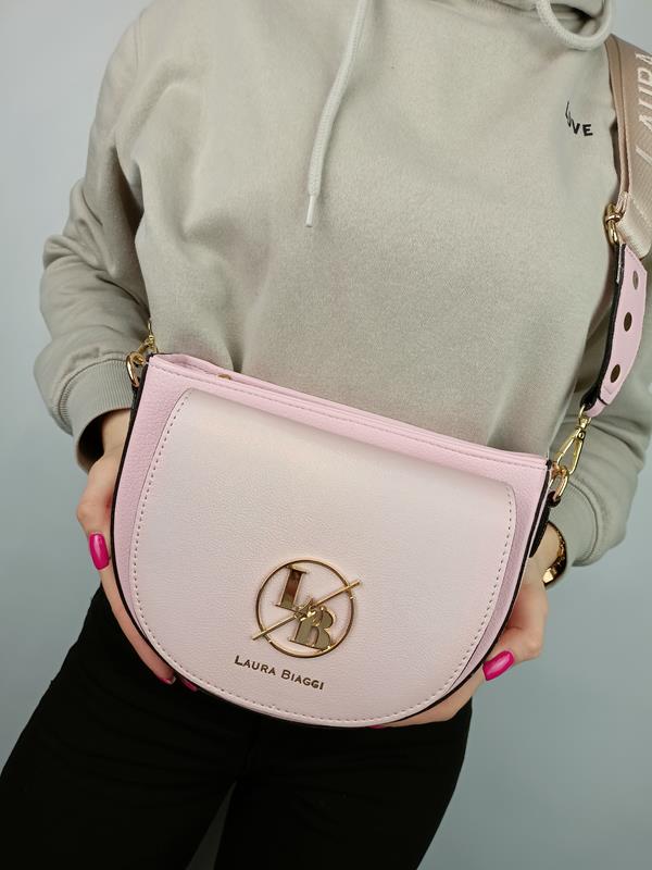 Piękna półokrągła różowa torebka Laura Biaggi z błyszczącą klapką z przodu zdjęcie 1