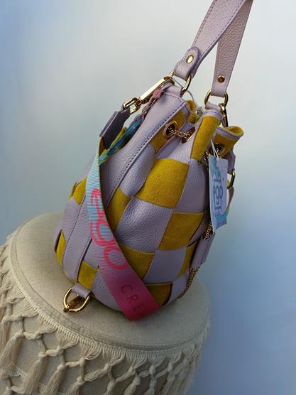 HIT świetny torebko-plecak EGO przeplatany fiolet z musztardowym kolorem skóra naturalna zdjęcie 2