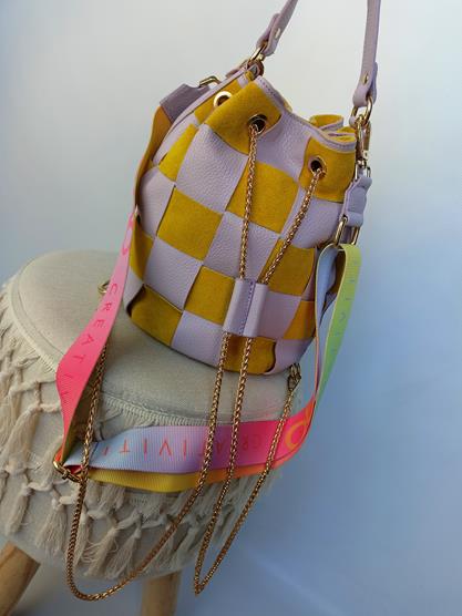 HIT świetny torebko-plecak EGO przeplatany fiolet z musztardowym kolorem skóra naturalna zdjęcie 3