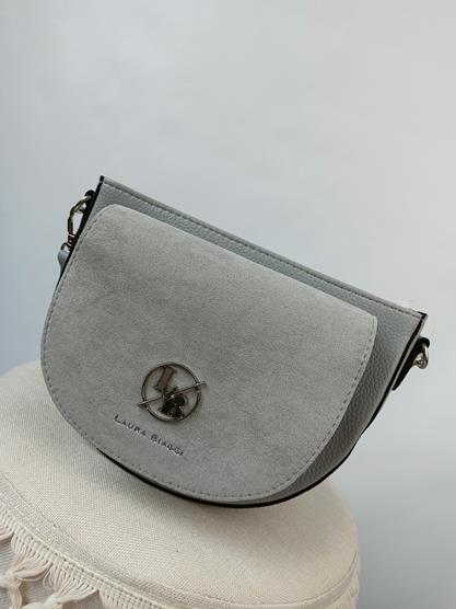 Piękna półokrągła szara torebka Laura Biaggi z zamszową kieszonką z przodu