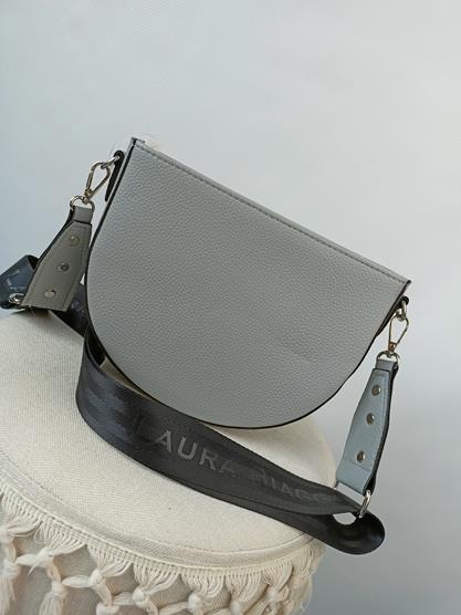 Piękna półokrągła szara torebka Laura Biaggi z zamszową kieszonką z przodu zdjęcie 4