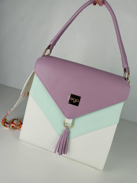 HIT śliczny torebko-plecak EGO biały z trójkątną fioletową klapką zdjęcie 2