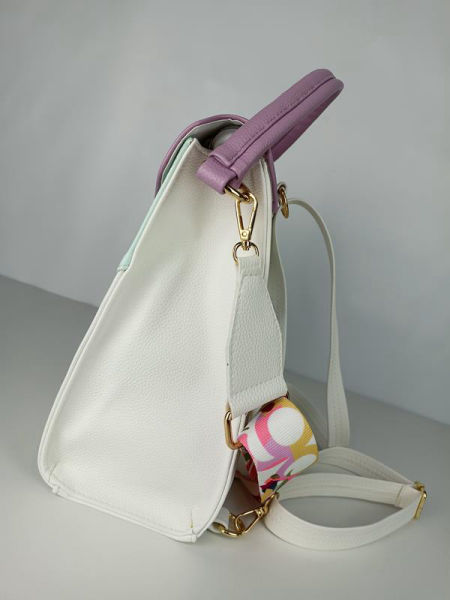 HIT śliczny torebko-plecak EGO biały z trójkątną fioletową klapką zdjęcie 4