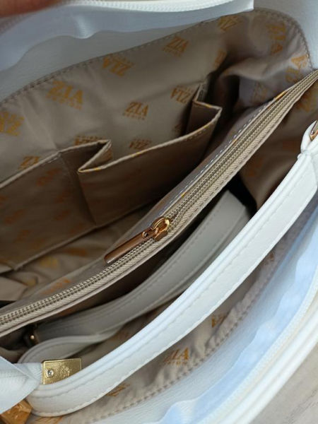 Piękna biała torebka ZIA z kolorowym printem na kieszonce z przodu zdjęcie 4