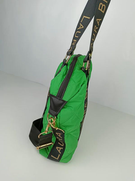 Zielona pikowana shopperka Laura Biaggi z suwaczkiem i z ozdobnymi sportowymi pasami ekoskóra zdjęcie 2