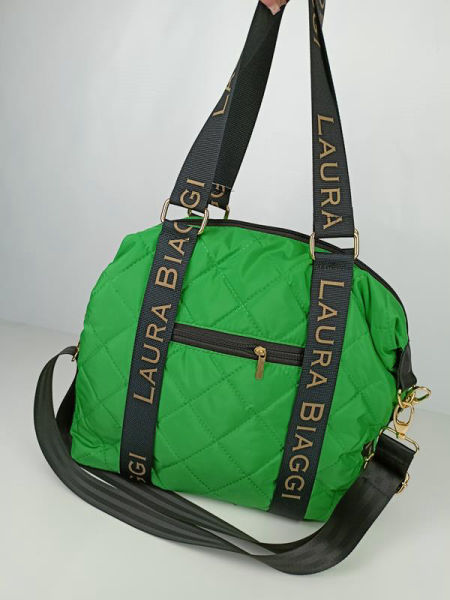 Zielona pikowana shopperka Laura Biaggi z suwaczkiem i z ozdobnymi sportowymi pasami ekoskóra zdjęcie 3
